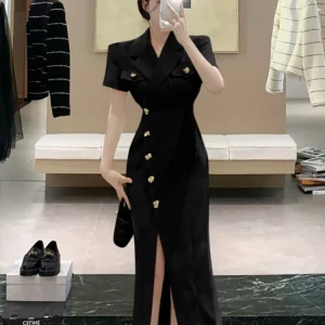 Elegant Hepburn Style Single Breasted Split Suit Collar Dress