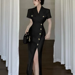 Elegant Hepburn Style Single Breasted Split Suit Collar Dress