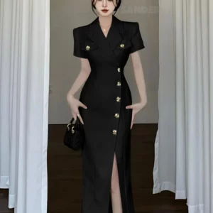 Elegant Hepburn Style Single Breasted Split Suit Collar Dress