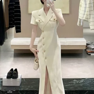 Elegant Hepburn Style Single Breasted Split Suit Collar Dress