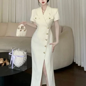 Elegant Hepburn Style Single Breasted Split Suit Collar Dress