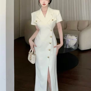 Elegant Hepburn Style Single Breasted Split Suit Collar Dress