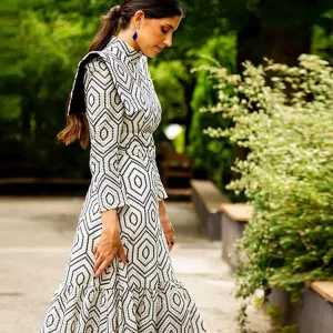 Elegant High Collar Maxi Dress - Vortex Line Print, Long Sleeve - Women's Office Attire