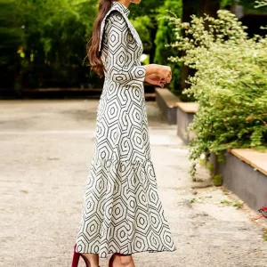 Elegant High Collar Maxi Dress - Vortex Line Print, Long Sleeve - Women's Office Attire