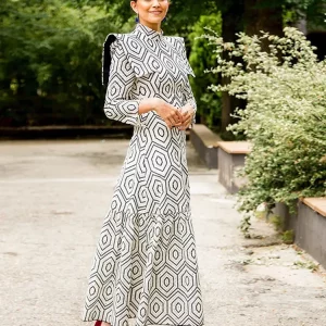 Elegant High Collar Maxi Dress - Vortex Line Print, Long Sleeve - Women's Office Attire