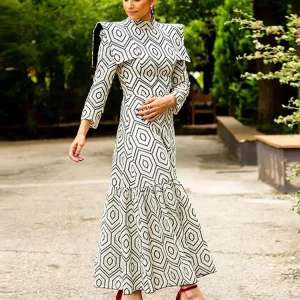 Elegant High Collar Maxi Dress - Vortex Line Print, Long Sleeve - Women's Office Attire