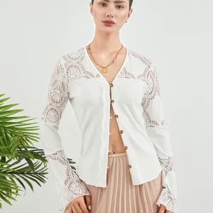 Elegant Hollowed Lace Crochet White V-neck Shirt for Women