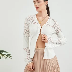 Elegant Hollowed Lace Crochet White V-neck Shirt for Women