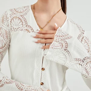 Elegant Hollowed Lace Crochet White V-neck Shirt for Women