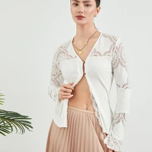 Elegant Hollowed Lace Crochet White V-neck Shirt for Women