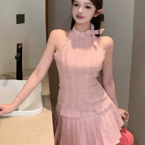 Elegant Korean Summer Dresses 2024 | High-Quality Women's Fashion Tweed Pleated Dress