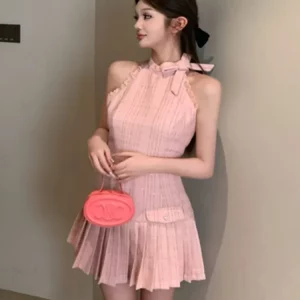 Elegant Korean Summer Dresses 2024 | High-Quality Women's Fashion Tweed Pleated Dress