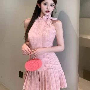 Elegant Korean Summer Dresses 2024 | High-Quality Women's Fashion Tweed Pleated Dress