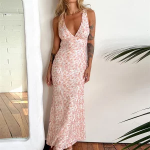 Elegant Lace Club Dress Women's Sleeveless Maxi - Summer Bodycon Floral Pink Fashion - Sexy 2024