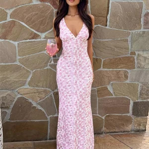 Elegant Lace Club Dress Women's Sleeveless Maxi - Summer Bodycon Floral Pink Fashion - Sexy 2024