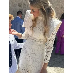 Elegant Lace Hollow Out Maxi Dress with High Collar