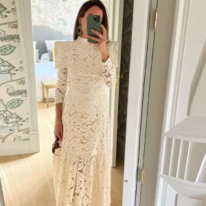 Elegant Lace Hollow Out Maxi Dress with High Collar