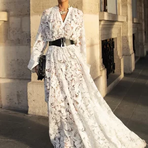 Elegant Lace Patchwork Maxi Dress with Long Sleeves