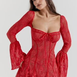 Elegant Lace Perspective Mini Dress with Flared Sleeves