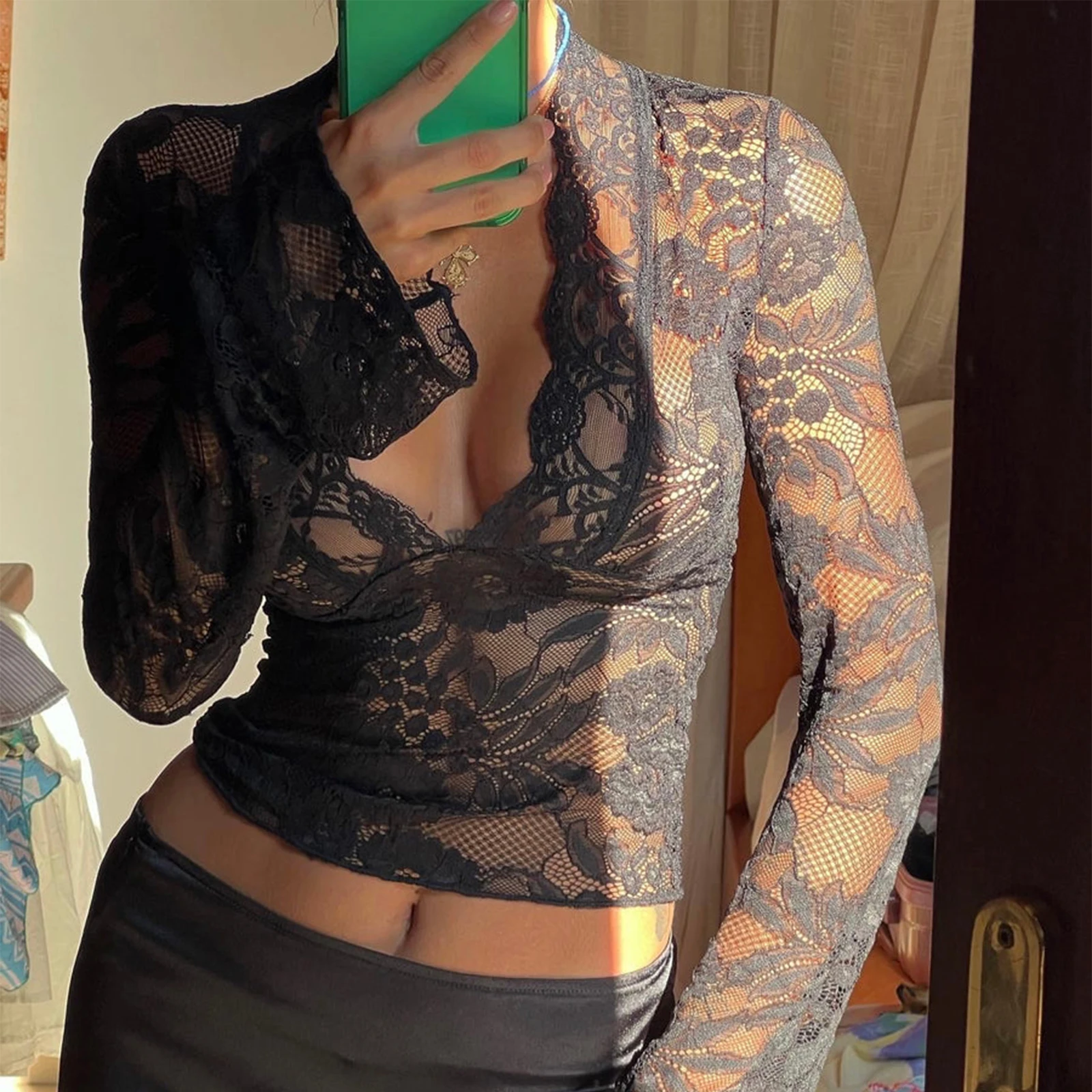 Elegant Lace Sheer Crop Top | Sexy Long Sleeve T-Shirt