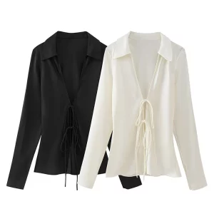 Elegant Lace-Up Bow Women's Blouse | Hollow Out Long Sleeve Shirt | 2024 Spring Summer Trend