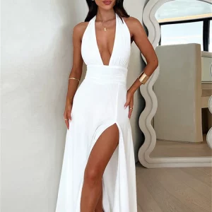 Elegant Lace-Up Halter Maxi Dress with Sexy Backless Design