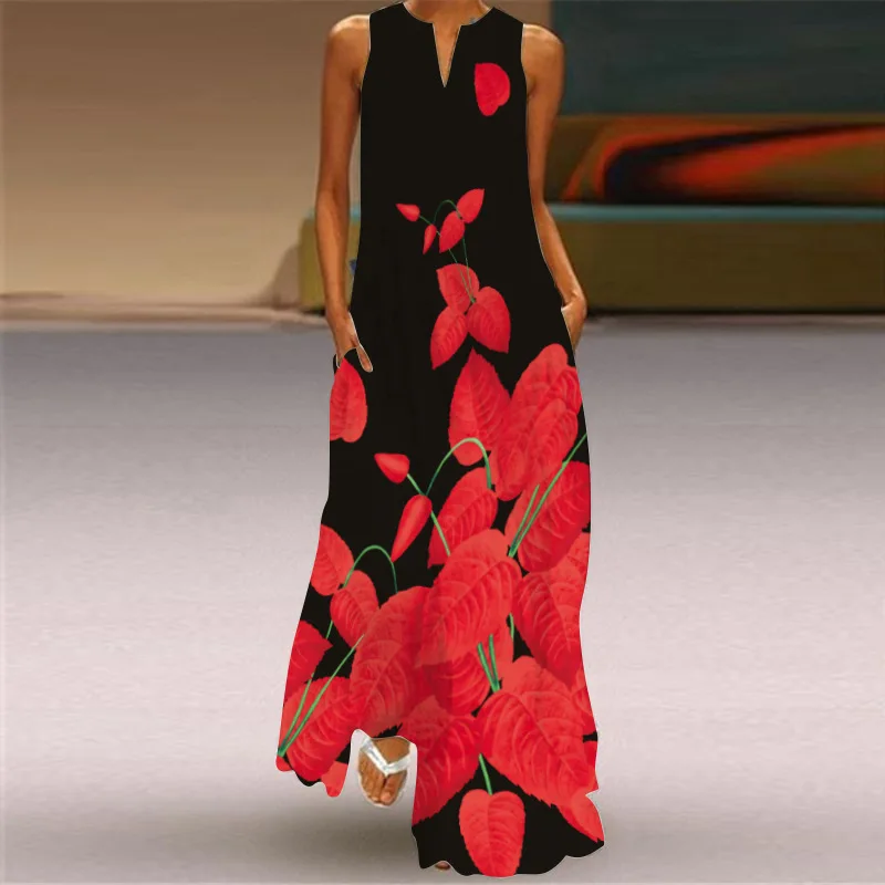 Elegant Leaf Print Lady Summer Dress in Red and Black