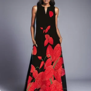 Elegant Leaf Print Lady Summer Dress in Red and Black