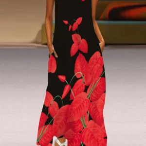 Elegant Leaf Print Lady Summer Dress in Red and Black