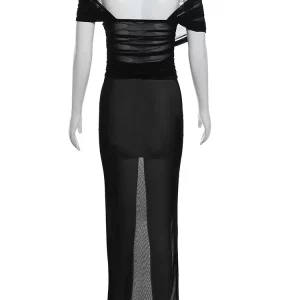 Elegant Mesh Stacked Maxi Dress with Ruched Off-Shoulder Design