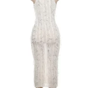 Elegant Mesh Tassels Midi Dress Women Sexy O-Neck Sleeveless Body-Shaping Robe for Summer Holiday