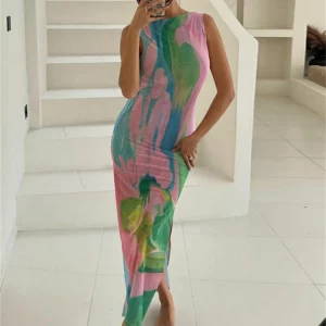 Elegant Off Shoulder High Split Evening Dress - Sexy Backless Y2K Print - Summer Party Club Outfit