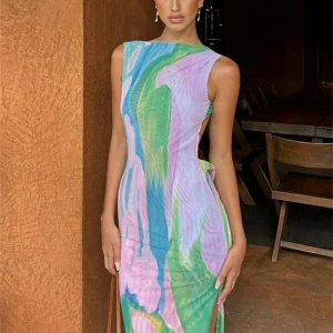 Elegant Off Shoulder High Split Evening Dress - Sexy Backless Y2K Print - Summer Party Club Outfit