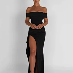 Elegant Off-Shoulder High Split Maxi Dress for Women - Strapless Bodycon Club Party Dress