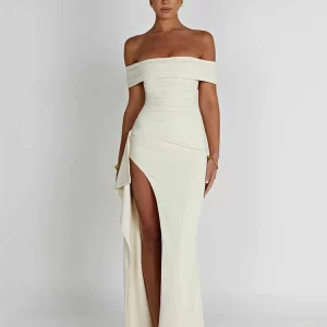 Elegant Off-Shoulder High Split Maxi Dress for Women - Strapless Bodycon Club Party Dress