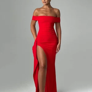 Elegant Off-Shoulder High Split Maxi Dress for Women - Strapless Bodycon Club Party Dress