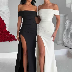 Elegant Off-Shoulder High Split Maxi Dress for Women - Strapless Bodycon Club Party Dress