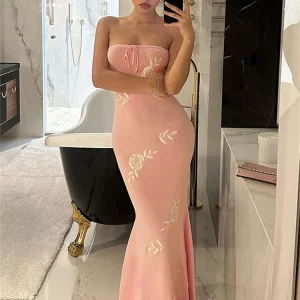 Elegant Off-Shoulder Maxi Bodycon Dress for Women - Pink Summer Evening Party Dress