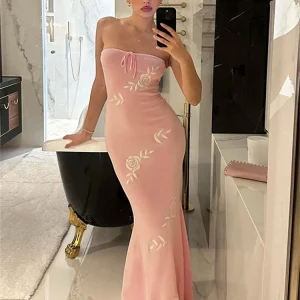 Elegant Off-Shoulder Maxi Bodycon Dress for Women - Pink Summer Evening Party Dress