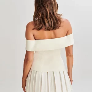 Elegant Off Shoulder Top & Skirt Set | Sleeveless Double Breasted Top with Pleated Mini Skirt | 202