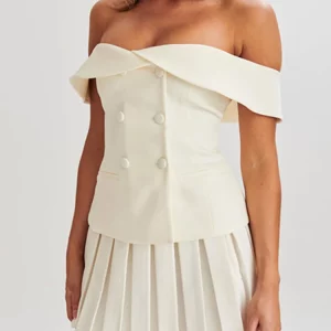 Elegant Off Shoulder Top & Skirt Set | Sleeveless Double Breasted Top with Pleated Mini Skirt | 202