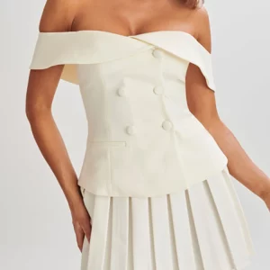 Elegant Off Shoulder Top & Skirt Set | Sleeveless Double Breasted Top with Pleated Mini Skirt | 202