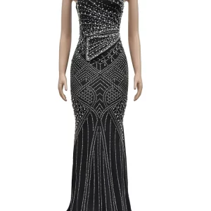 Elegant One-Shoulder Maxi Dress with Pearls & Rhinestones