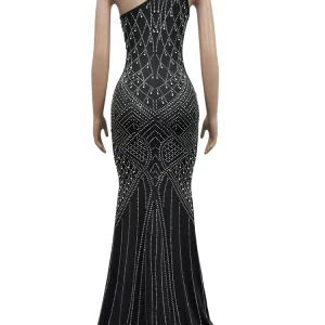 Elegant One-Shoulder Maxi Dress with Pearls & Rhinestones