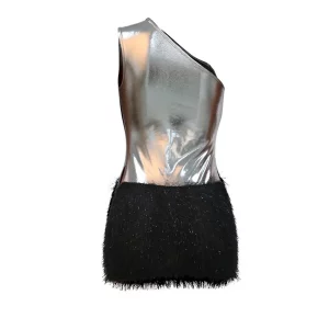 Elegant One Shoulder Tassel Bodycon Dress with Feathers