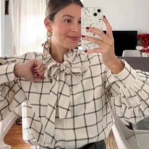 Elegant Plaid Lace-Up Women's Ruffle Blouse for Spring & Summer