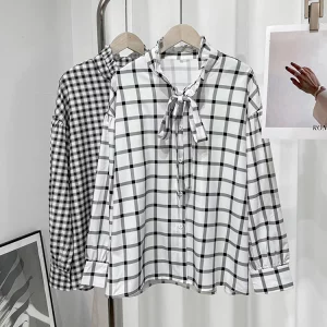 Elegant Plaid Lace-Up Women's Ruffle Blouse for Spring & Summer