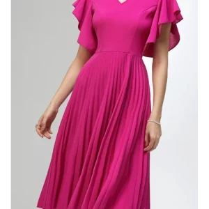 Elegant Pleated A-Line V-Neck Dress with Ruffle Sleeves