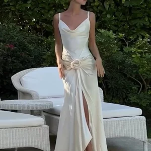 Elegant Pleated Flower Sling Dress | Women's Sexy Sleeveless Backless Suspender Evening Robe