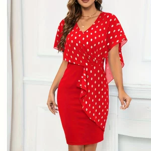 Elegant Plus Size Colorblock Dot Print V-Neck Bridesmaid Dress